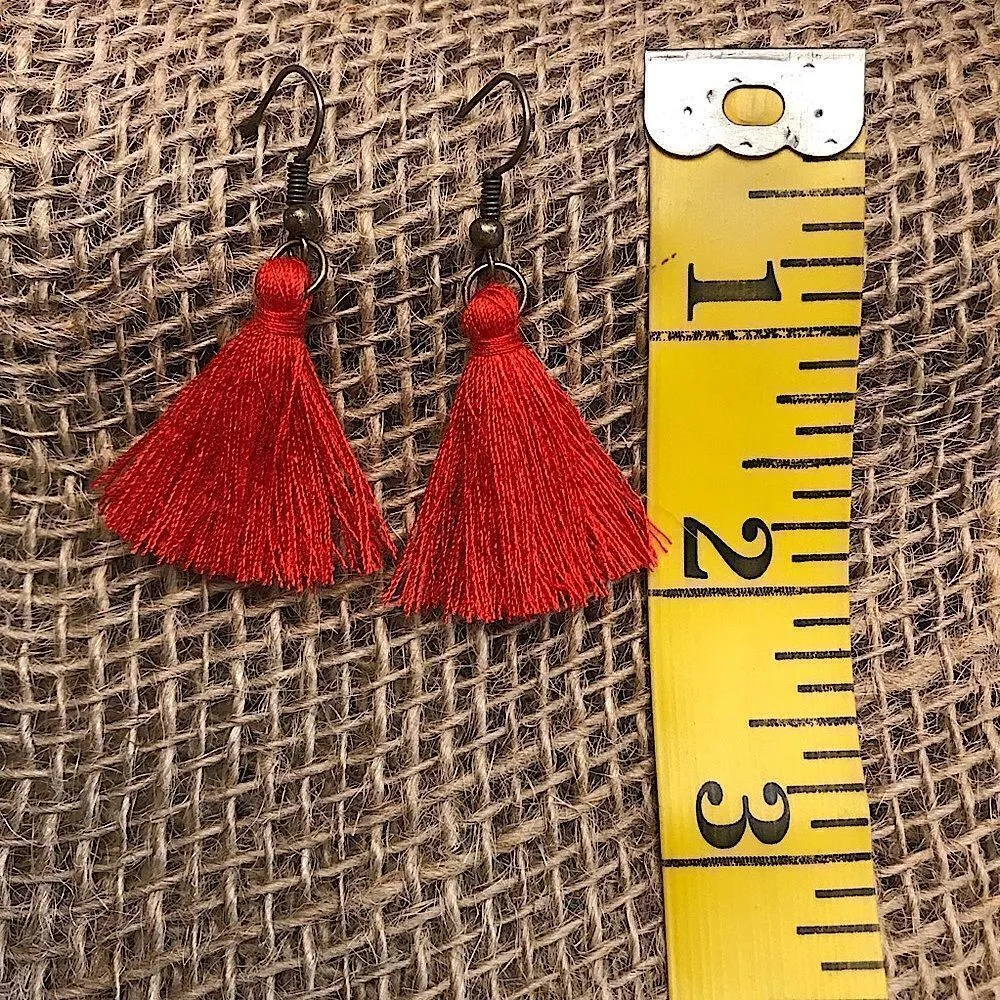 Red Gold Tassel Earrings Festival Party NEW Handmade USA - Image 3