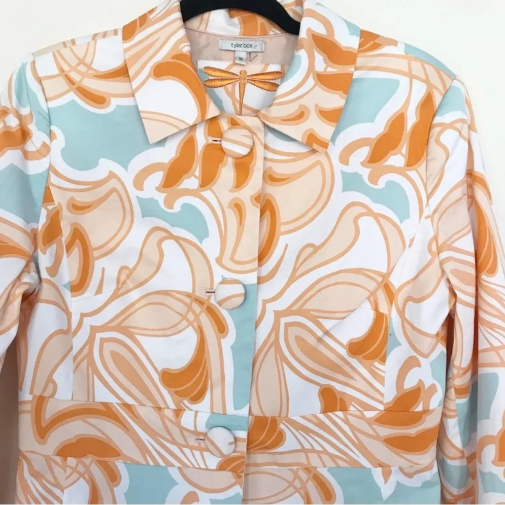 Tyler Boe Floral Pleated Trench Coat Coral Orange / Teal Blue Womens Size 4 - Image 3