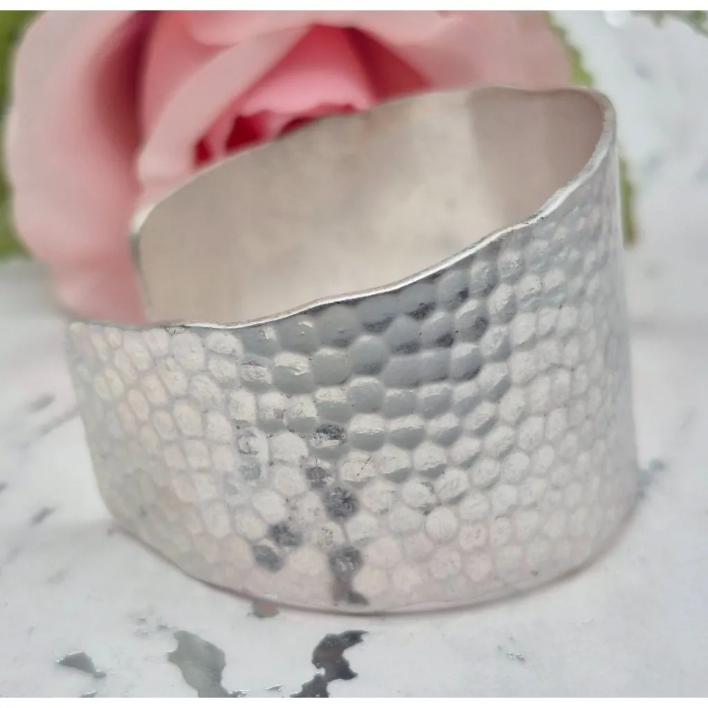 Brushed Silver Tone Hammered Wide Cuff Bracelet Brutalist Statement Piece - Image 2