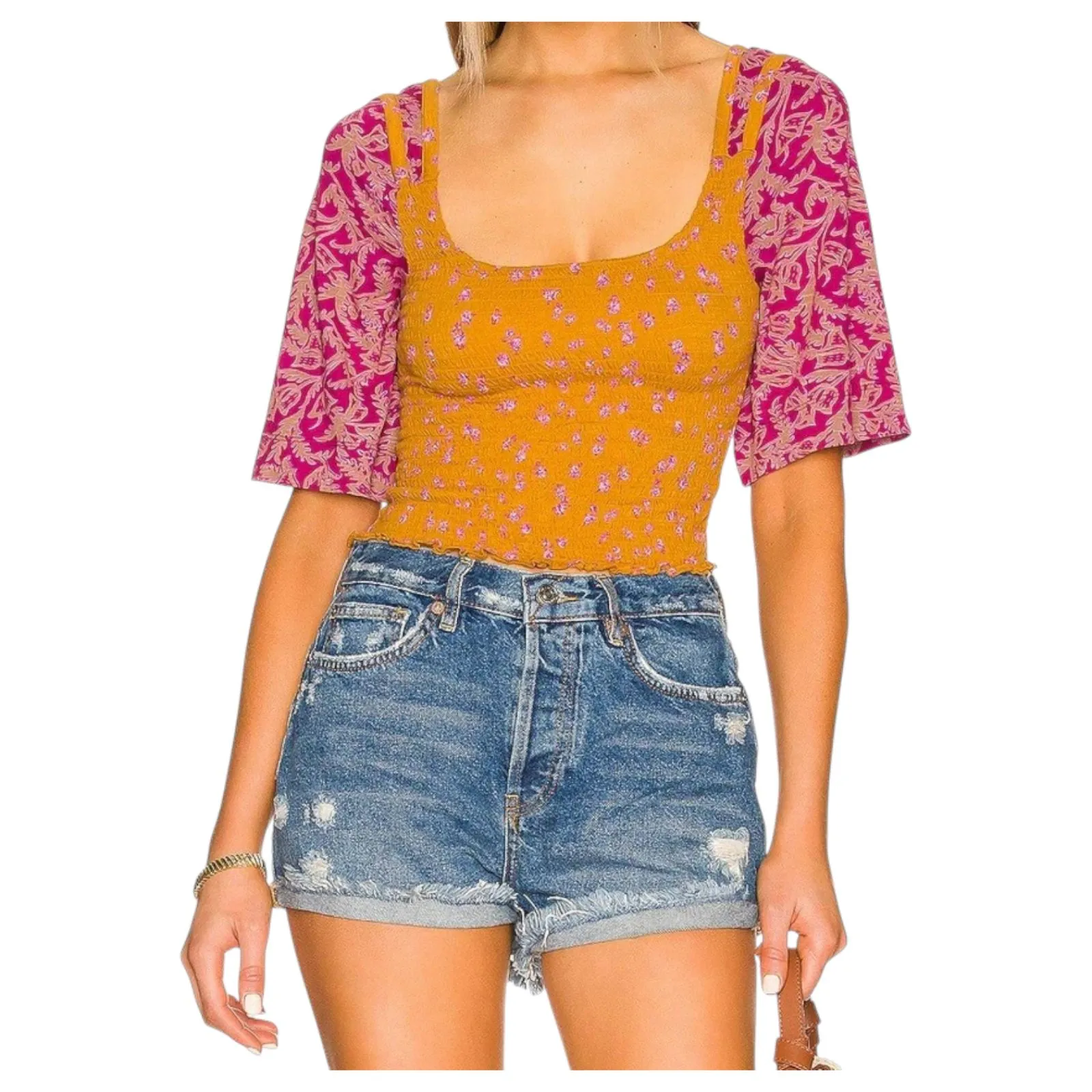 Free People Marigold Smocked Square Neck Golden Combo Size Large - Image 9