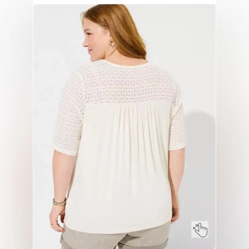 Torrid Size 4 Super Soft Crew Neck Geo Lace Yoke Elbow Sleeve Top Cream Crochet - Image 2