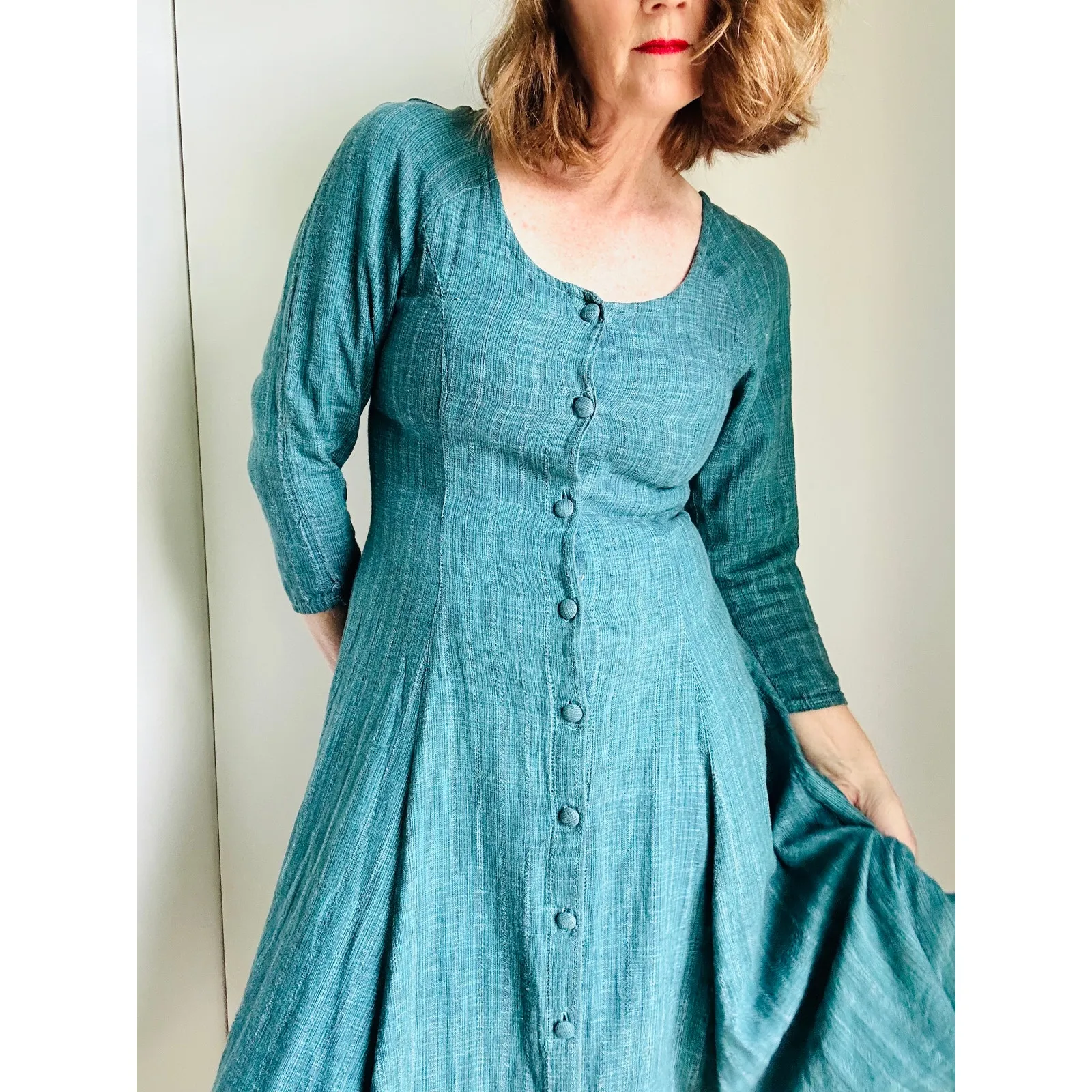 Vintage 90s cotton Dress Boho HIppie Folk Midi Fit Size Medium Green - Image 9