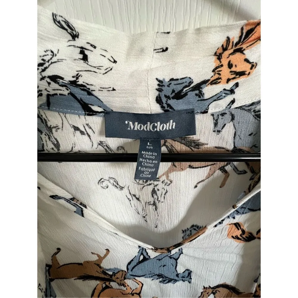 ModCloth Horse Print Midi Short Sleeve Dress With Neck Tie - Image 3