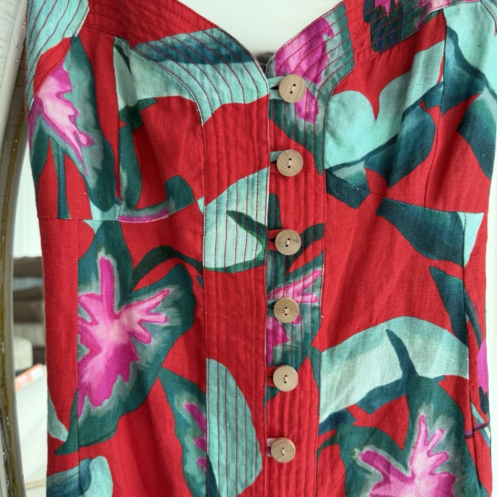 Farm Rio Dress XL Red Floral 100% Linen Tropical Summer Foliage Mini Resort - Image 2
