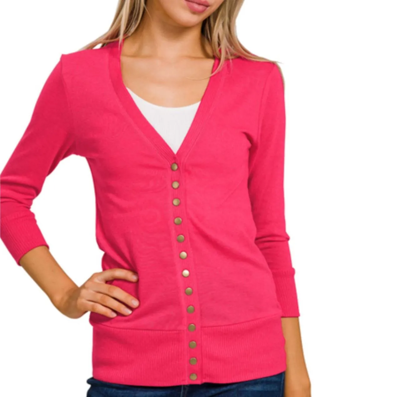 NEW Womens S Small Hot Pink Cardigan Snap Sweater V-Neck Slim Fit Lightweight - Image 2