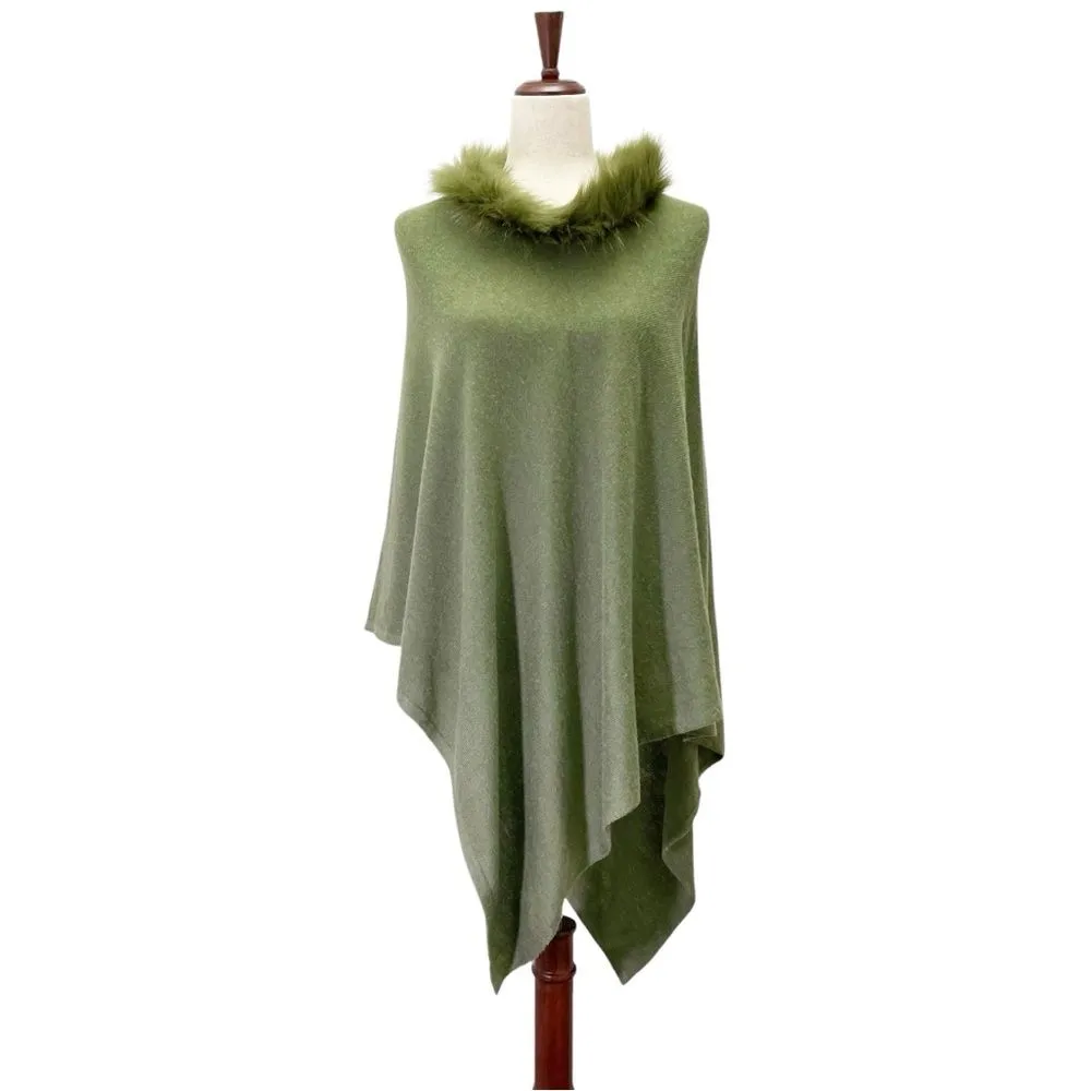 NWT La Marey 100% Cashmere Poncho Sweater Faux Fur Trim One Size Olive Green NEW - Image 2