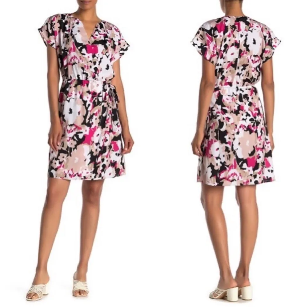 Kenneth Cole Surplice Faux Wrap Satin Dress Poppy Camo Petal Size M NWT $129.00 - Image 9