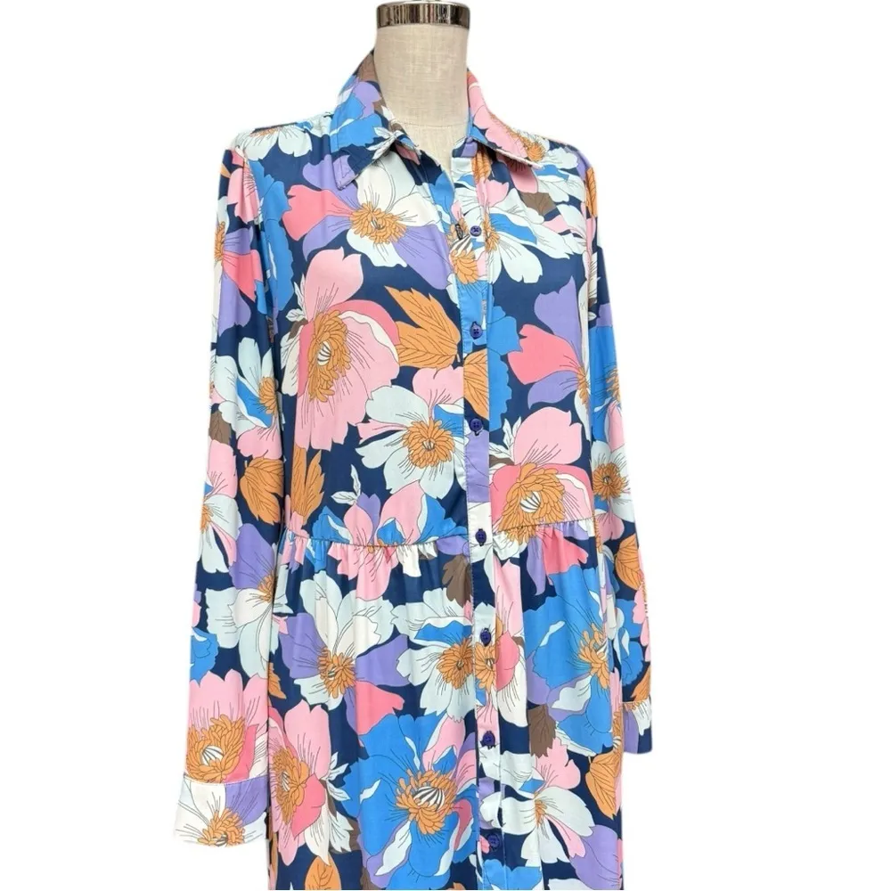Tolani Collection Floral Maxi Shirt Dress Medium, Long Sleeve Floral Retro Print - Image 4