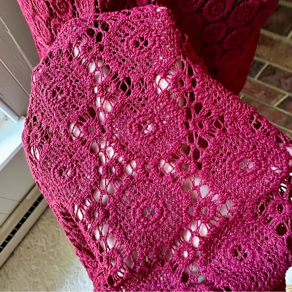 Charter Club Burgundy Lace Midi Dress Crochet Lace Flowers Boho Chic Witchy Vibe - Image 8