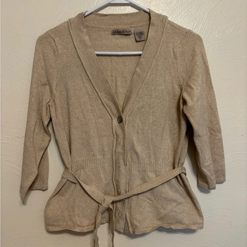 Massini Gold Metallic Button Front Cardigan with Waist Tie Women’s Large ✨ - Image 1
