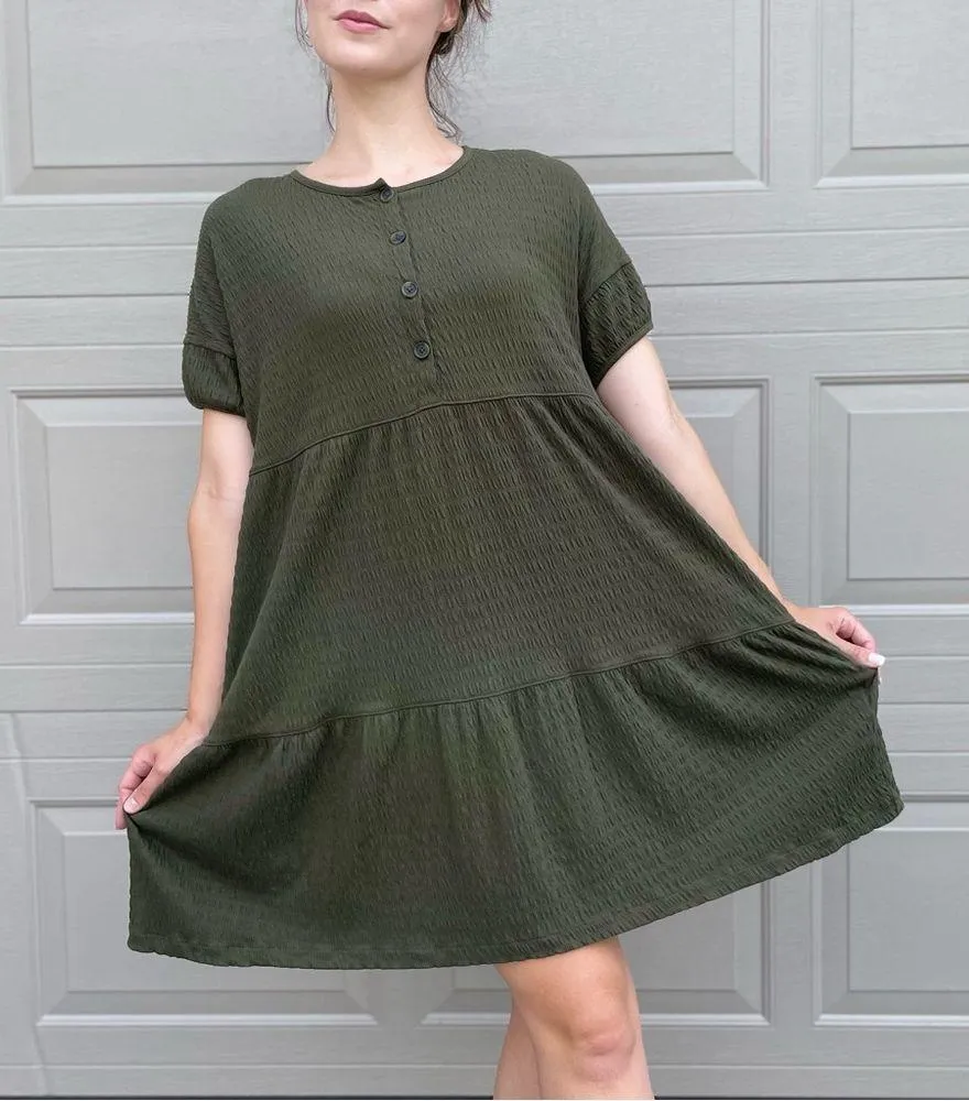 Madewell Army Green Tiered Quilted Knit Short Sleeve T-Shirt Dress Small - Image 3
