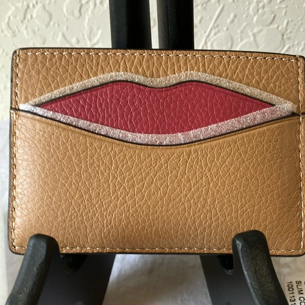 Coach: Tan Slim Credit Card Holder with Pink Lips- Wallet - Image 4