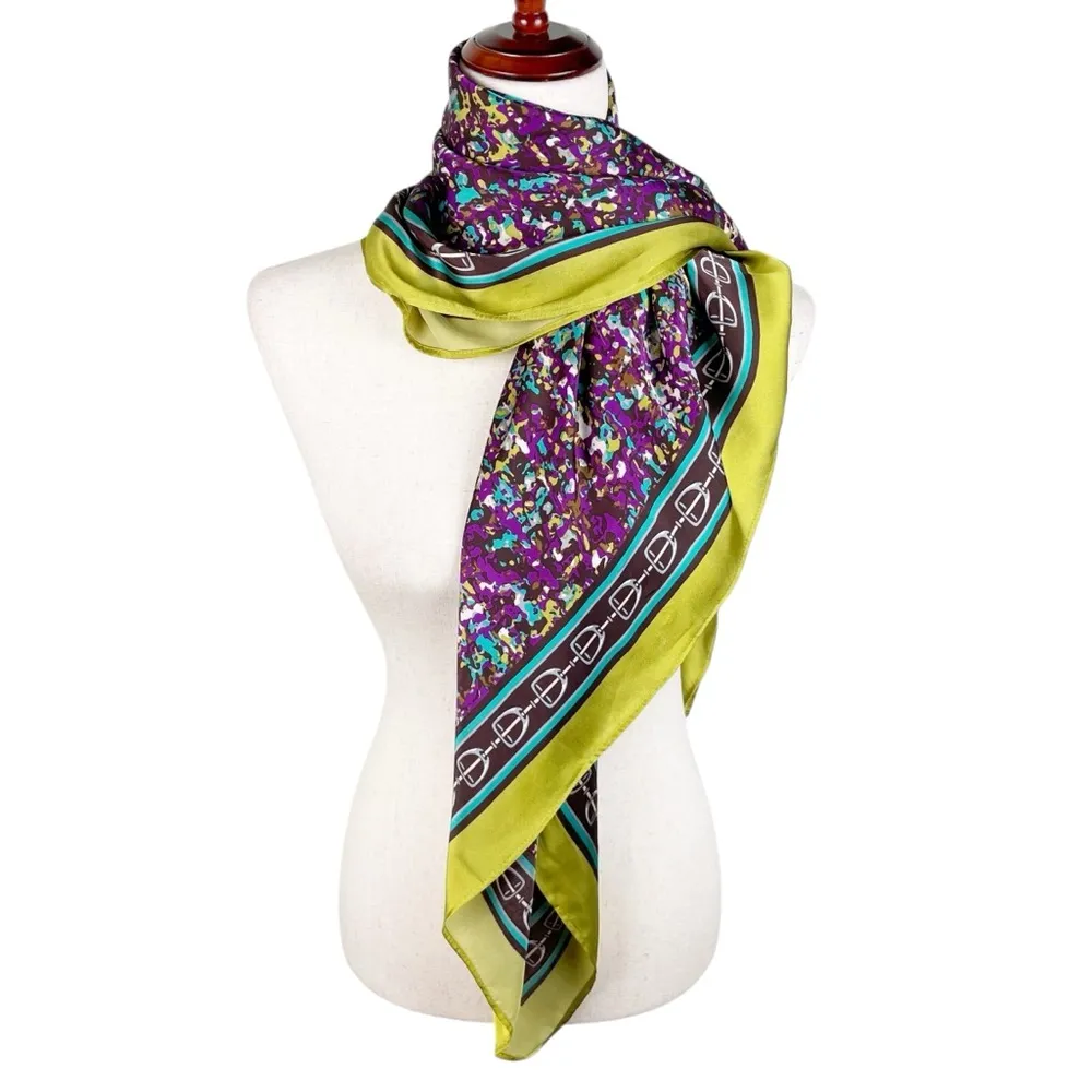 Vintage Oversized Silky Satin Square Scarf Equestrian Print Purple Green Speckle - Image 2