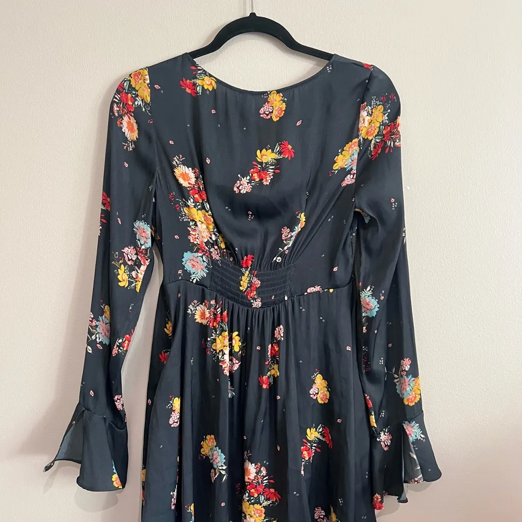 Free People Midnight Navy Silky Mini Dress Floral Long Sleeve Size S - Image 8