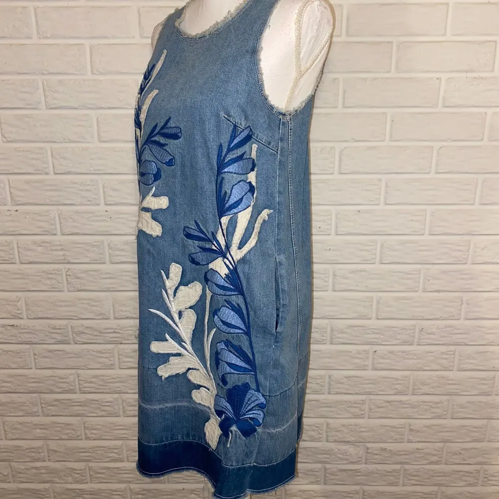 Anthropologie Holding Horses Denim Leaves Appliqué Mini Shift A-line Dress, XS - Image 7