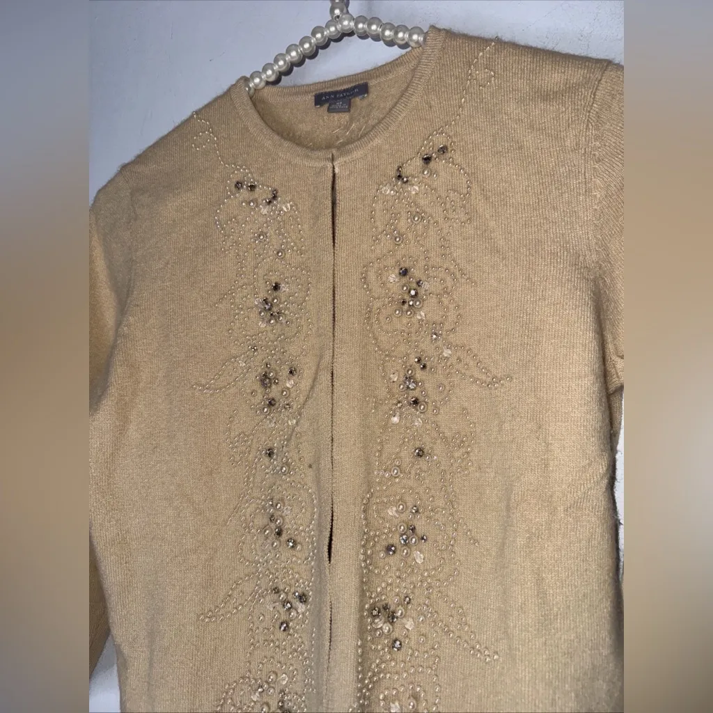 Ann Taylor Womens Beige Cardigan XS Embellished Pearls Rhinestones Angora‎ Blend - Image 3