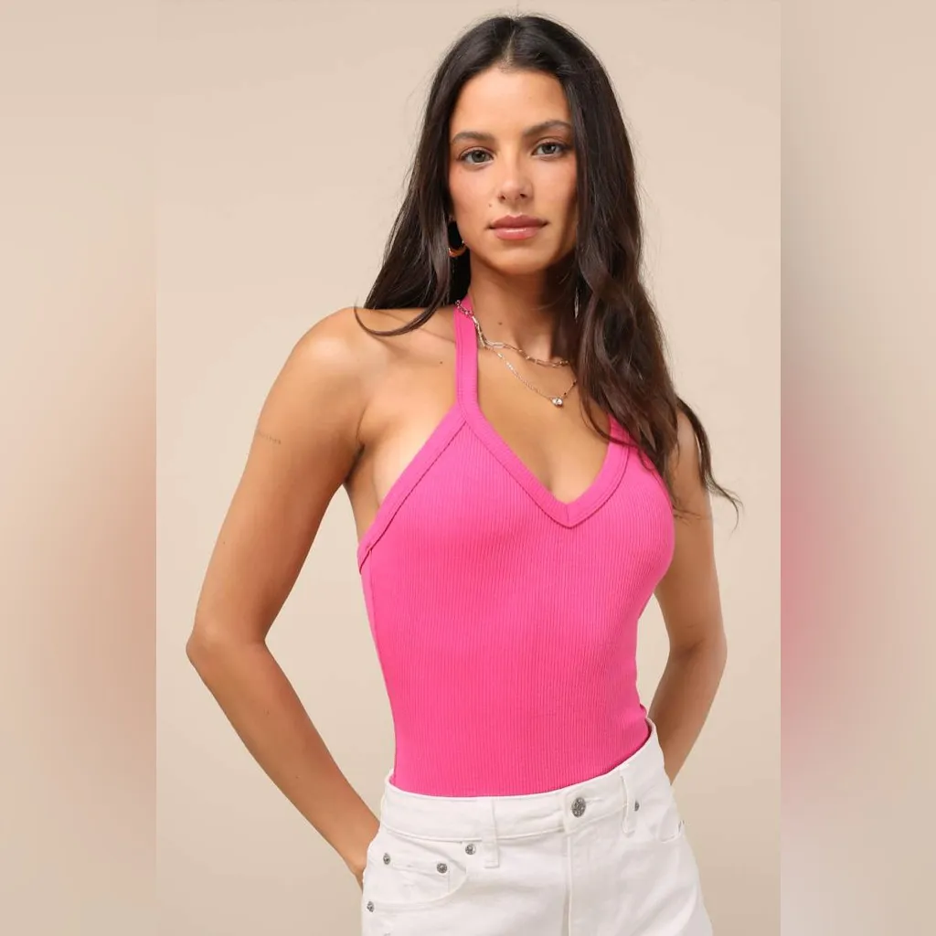 LULU’S Chic Contentment Fuchsia Ribbed Sleeveless Halter Bodysuit - Image 7