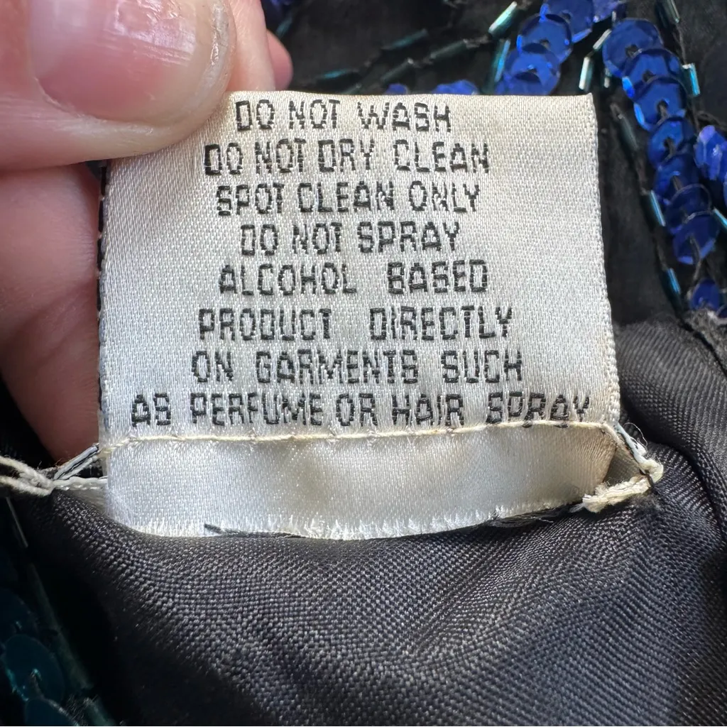 Vintage Stenay Black 100% Silk and Blue Shiny Sequin Party Holiday Dress Size XL - Image 10