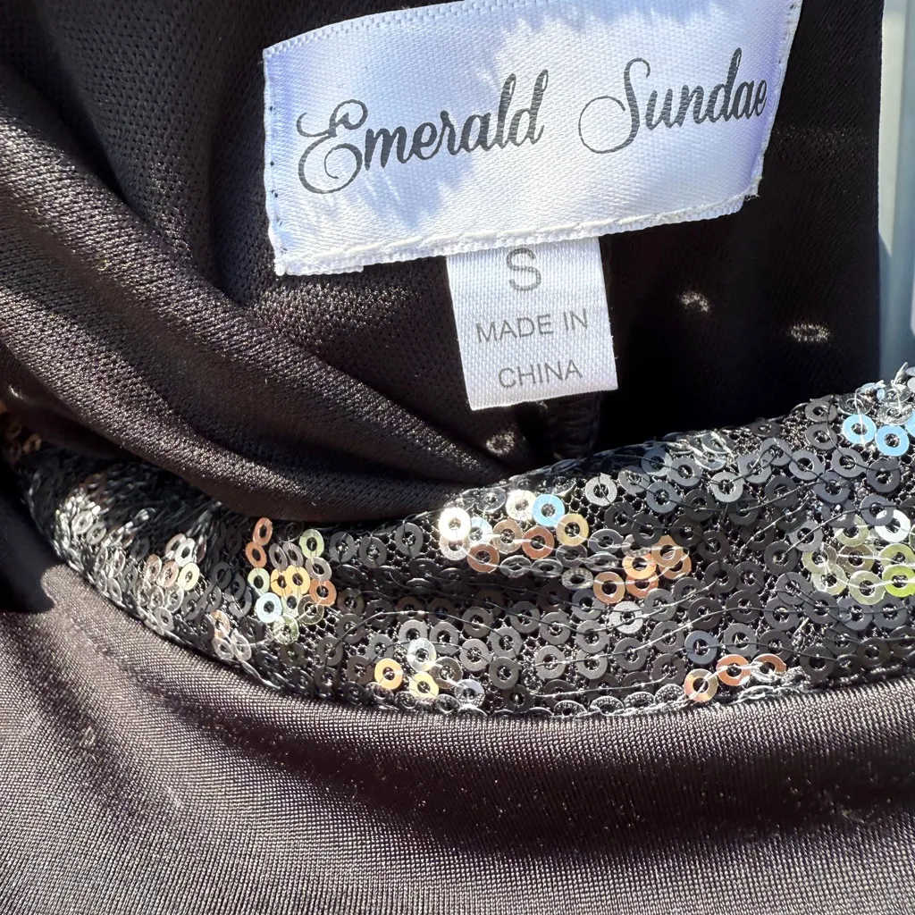 Emerald Sundae Ruched Black Cocktail Dress Silver Black Sequin Size Small EUC - Image 8