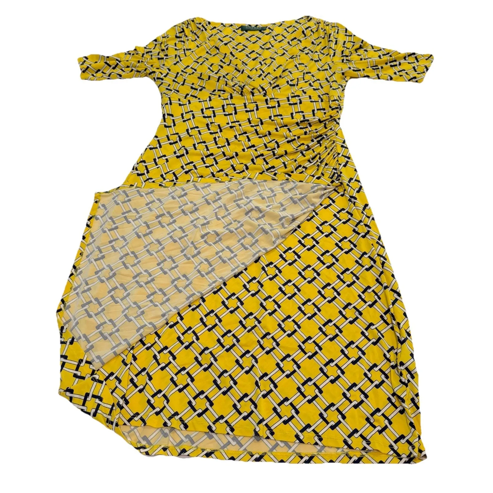 Ralph Lauren Yellow Lattice Faux Wrap Half Sleeve Stretch Sheath Dress Size 8 - Image 6