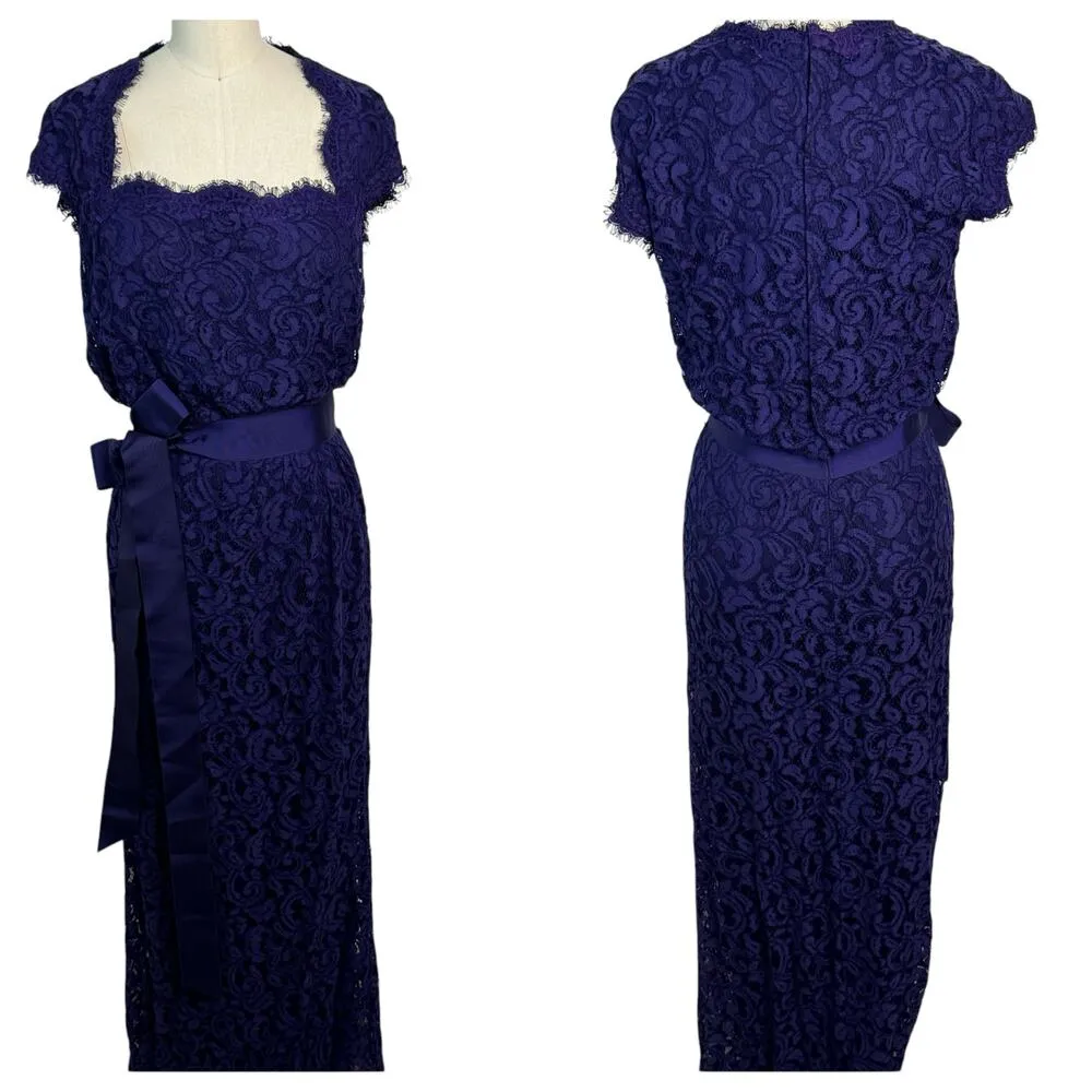 Tadashi Shoji Cap Sleeve Lined Ribbon Tie Sash Lace Long Gown Blue Womens Size 6 - Image 3