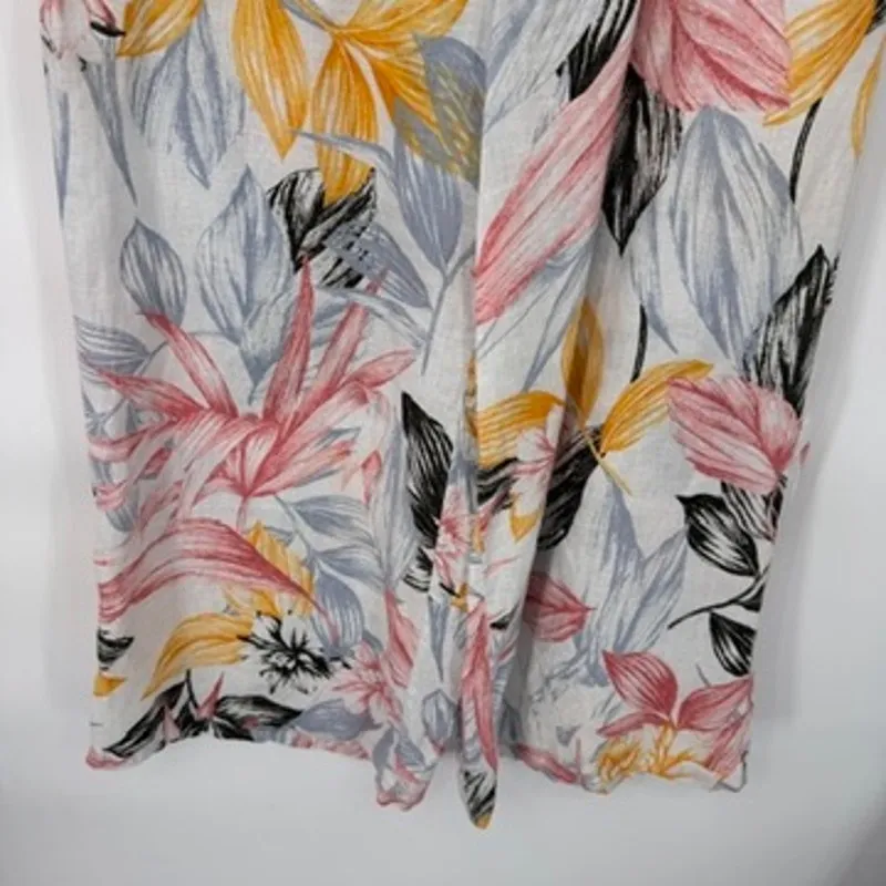 C&C California Tropical Beachy Pants Womens Medium White Linen Pockets Wide Le - Image 3