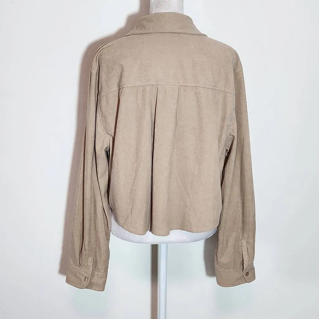 Love Tree Long Sleeve Khaki Corduroy Cropped Button Down Shirt Size Large - Image 4