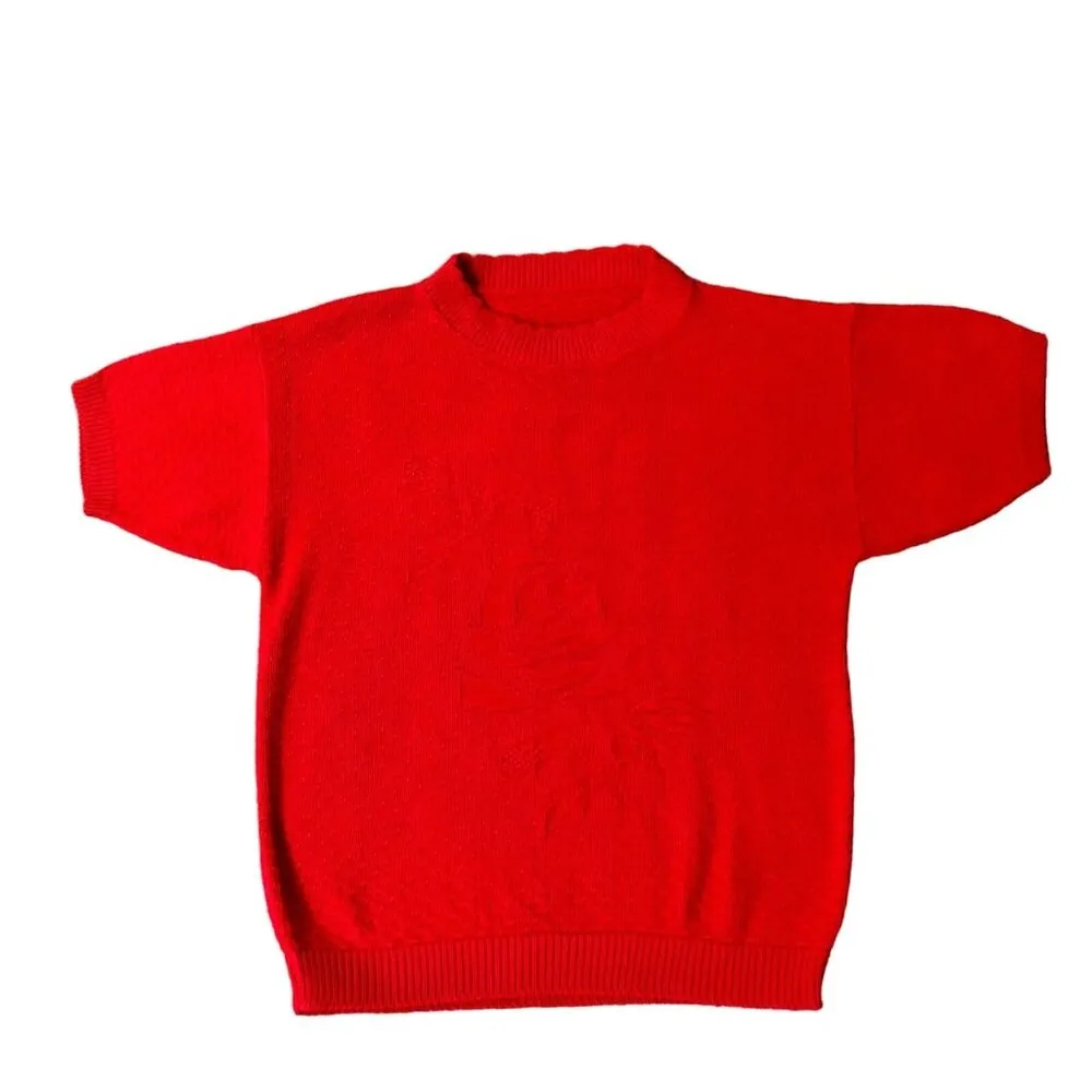 Vintage Red Sweater Womens S? Used Short Sleeve Textured Red on Red Rose - Image 3