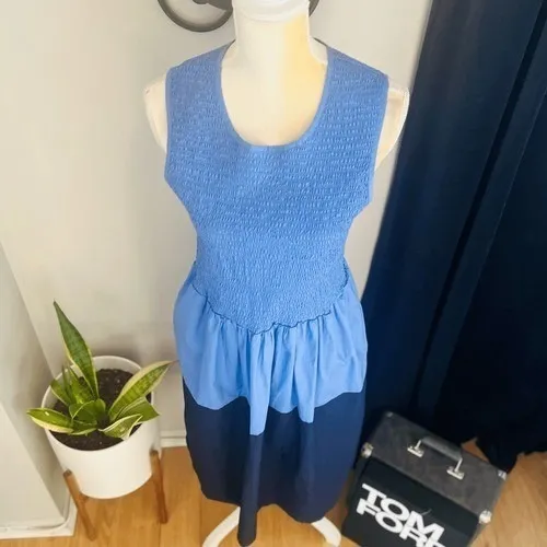 FRENCH CONNECTION Rhodes Colorblock Smocked Poplin‎ Dress, Size 8, Blue, NWT - Image 9
