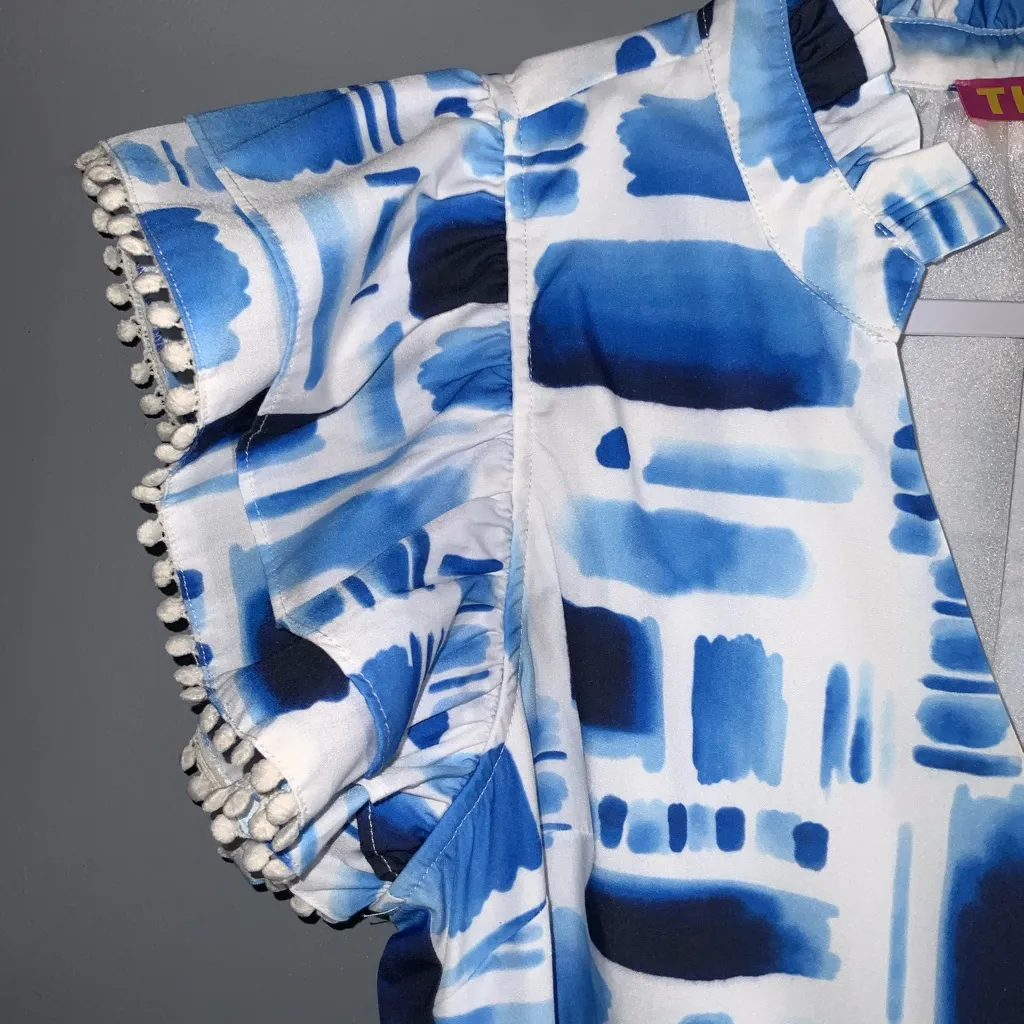 THML Blue and White Abstract Patterned Short Sleeve Notched Neck Midi Dress M - Image 7