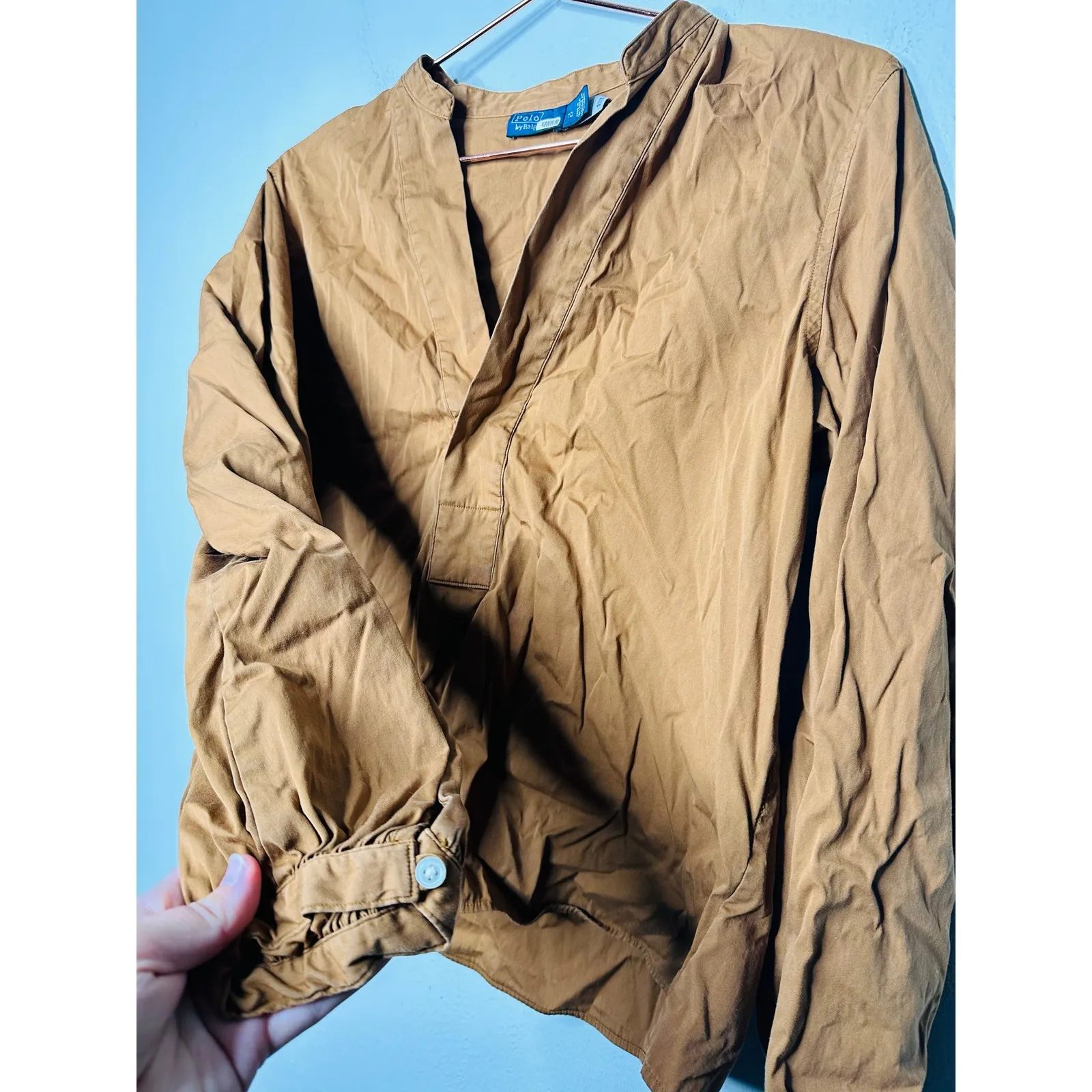 POLO RALPH LAUREN Tan Brown Cropped Blouse Long Sleeve Collared Shirt Size 10 - Image 3