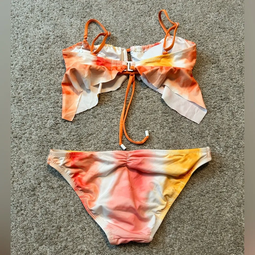 Sanctuary Anthropologie Tie Dye Ruffle Bikini Top Sz xS Sade Orange Pink bottoms - Image 7