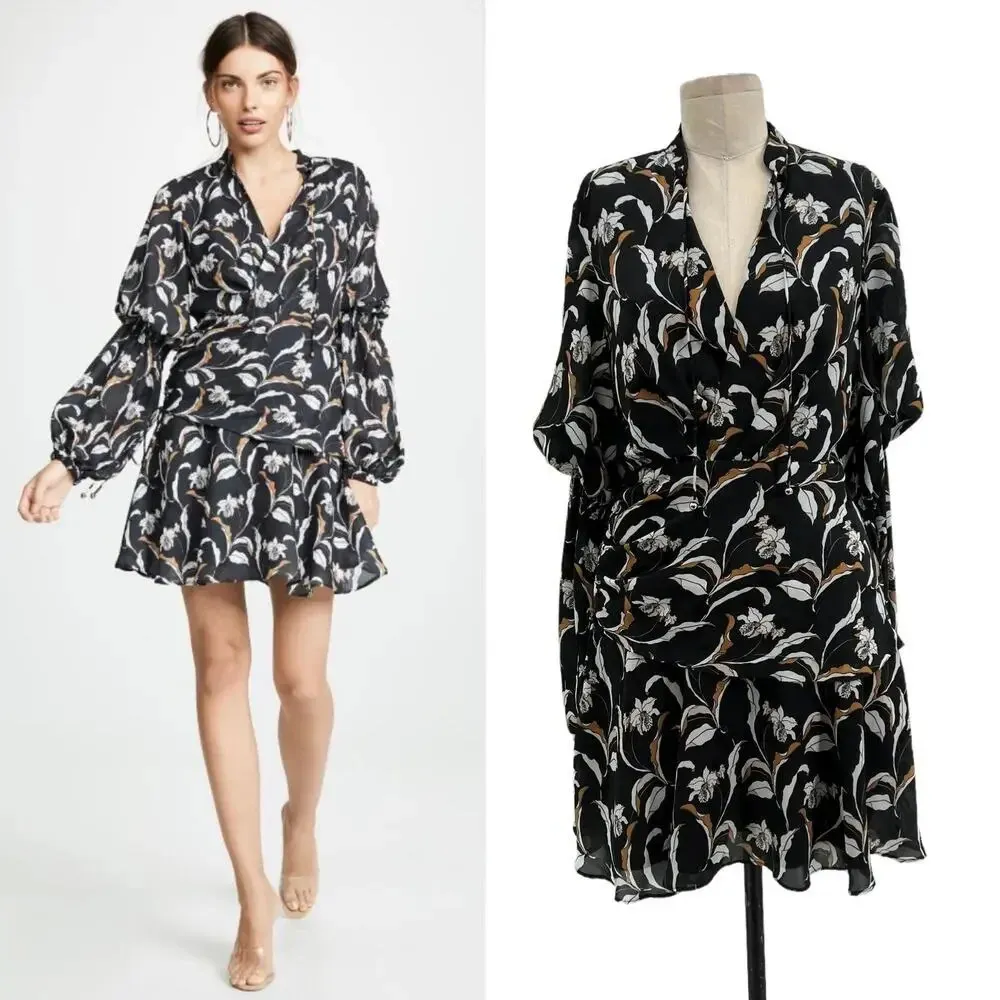 Acler Zammit Mini Dress‎ Long Sleeve Floral Printed Draped Navy Blue Size US 6 - Image 2