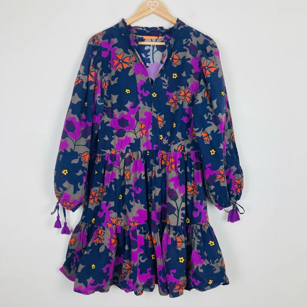 Oliphant “Suzani” puff sleeve mini dress in dark blue and purple floral print. L Size L - Image 2