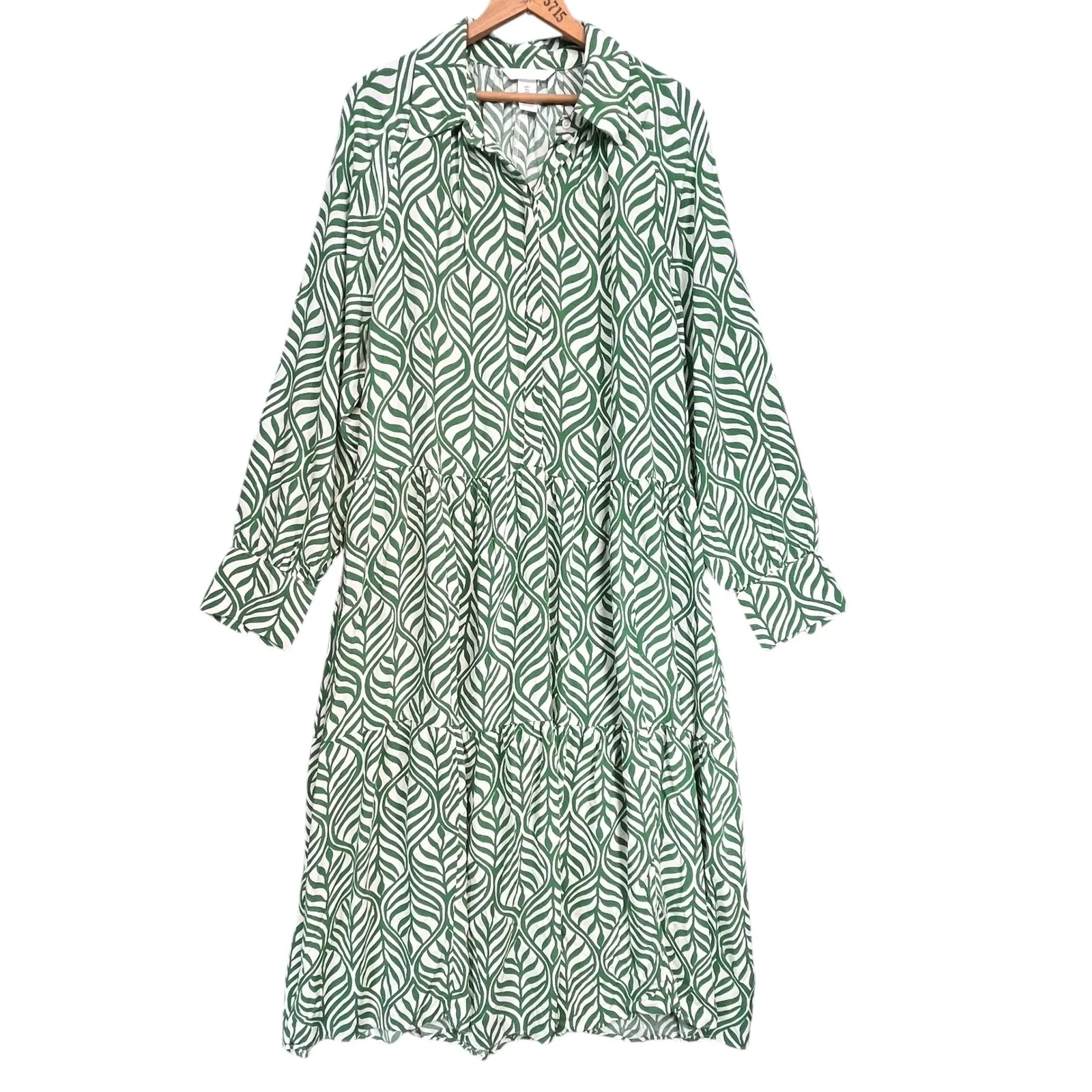 H&M Womens Green White Leaf Print Tiered Midi Dress Long Sleeve‎ - Image 2
