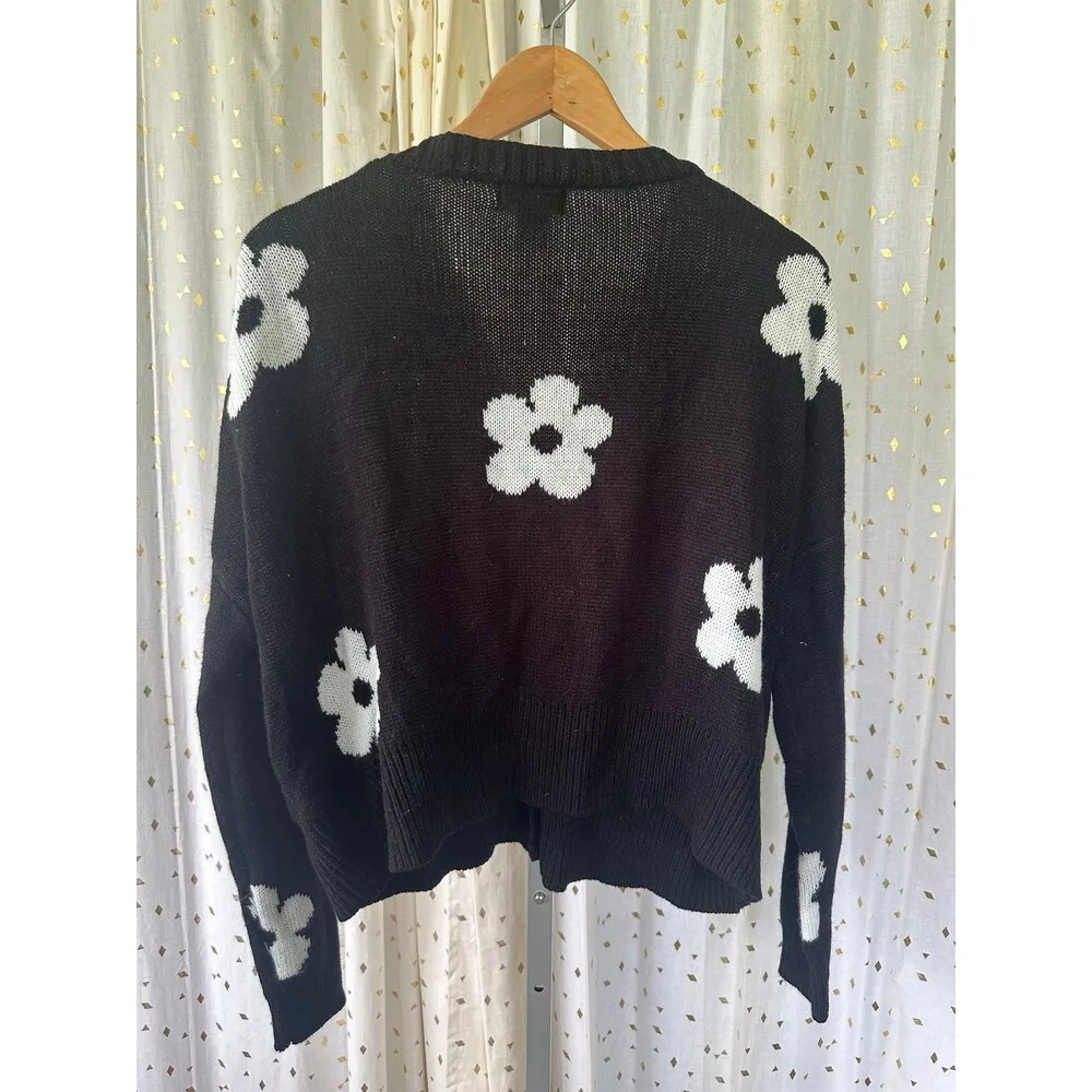 Just Polly Women's Daisy Floral V Neck Button Cardigan Varsity Sweater S Black - Image 4