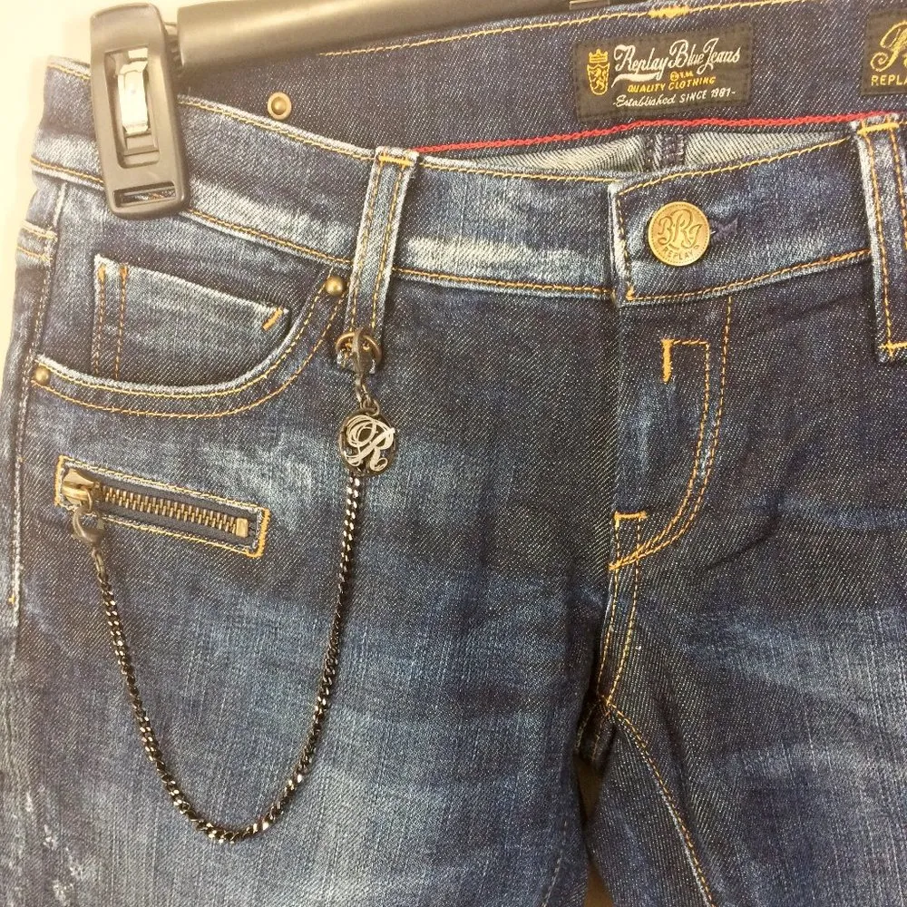Replay women's size 28 chain link zipper pouch RODERIKA slim tapered jeans 28x29 Blue - Image 2