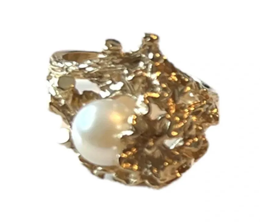 Pearl & Gold Cluster Abstract Statement Ring 18KT HGE High Gold Electroplate 5.5 - Image 4