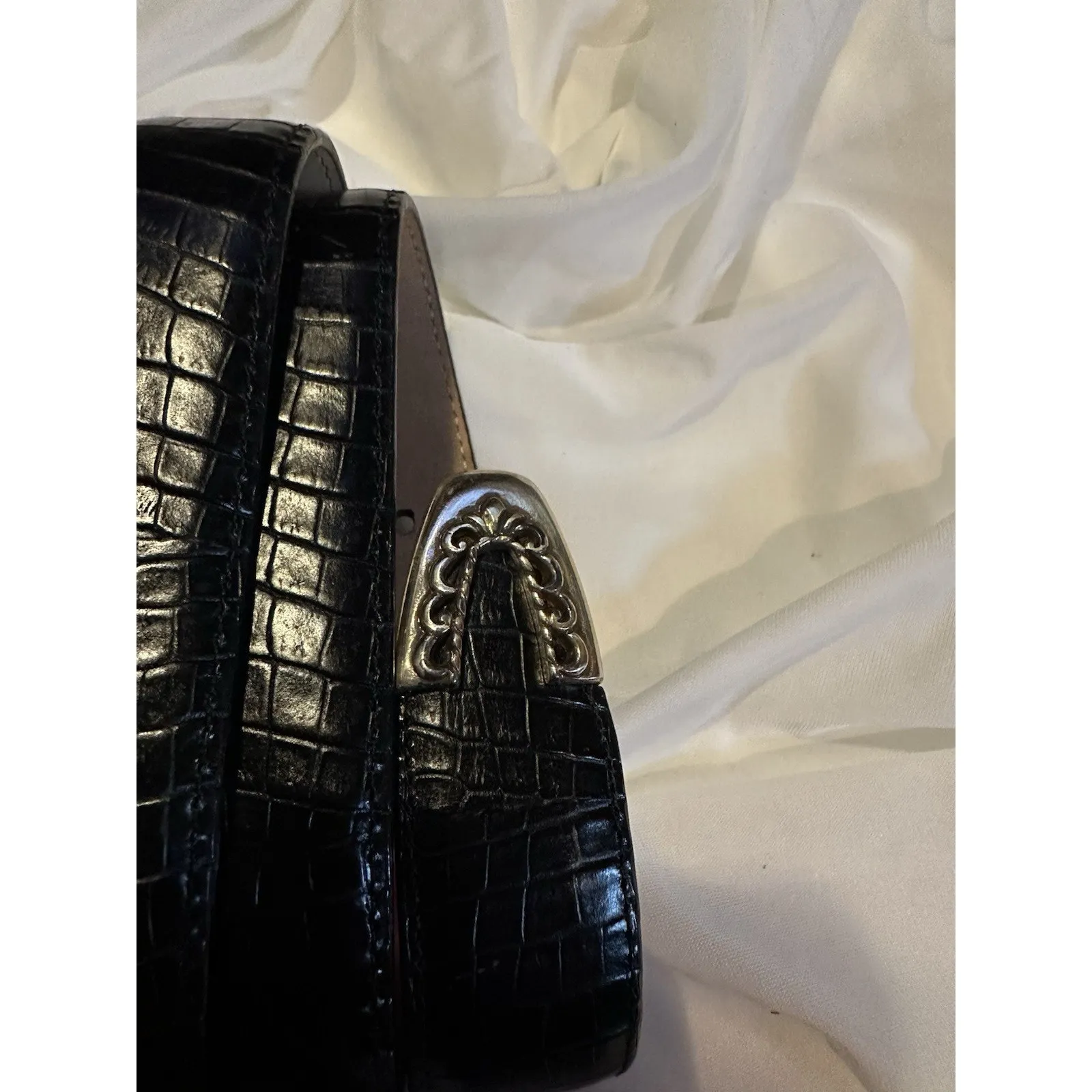 Brighton Belt Snakeskin Women's (M)30 Black Leather 2 Tone Buckle Skinny Vintage - Image 3