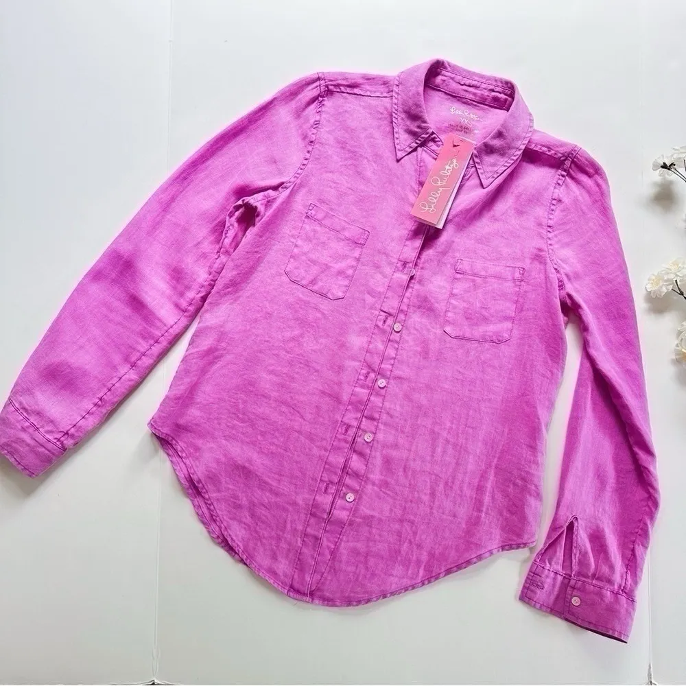 NEW Lilly Pulitzer Sea View Linen Button Down Top Amethyst Shirt XXS - Image 6