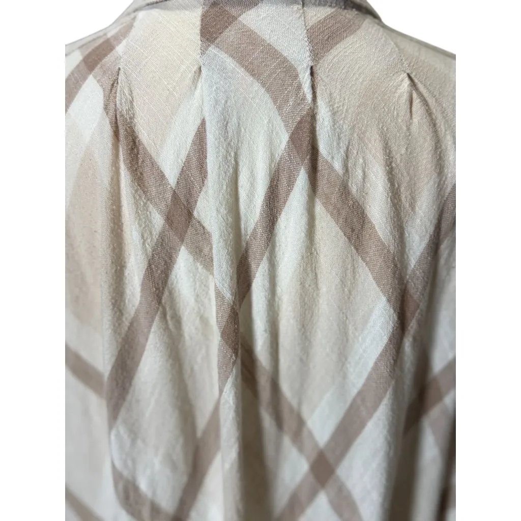 FREE PEOPLE Womens Peppy Plaid M Tunic Shirt White Brown Button Up Back Ruffle - Image 12