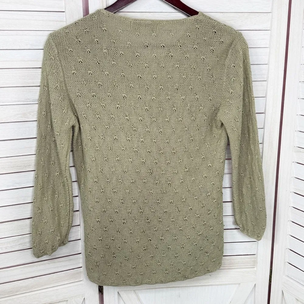 Vintage Petite Sophisticate Beaded Linen Blend V Neck Sweater Olive Medium - Image 8