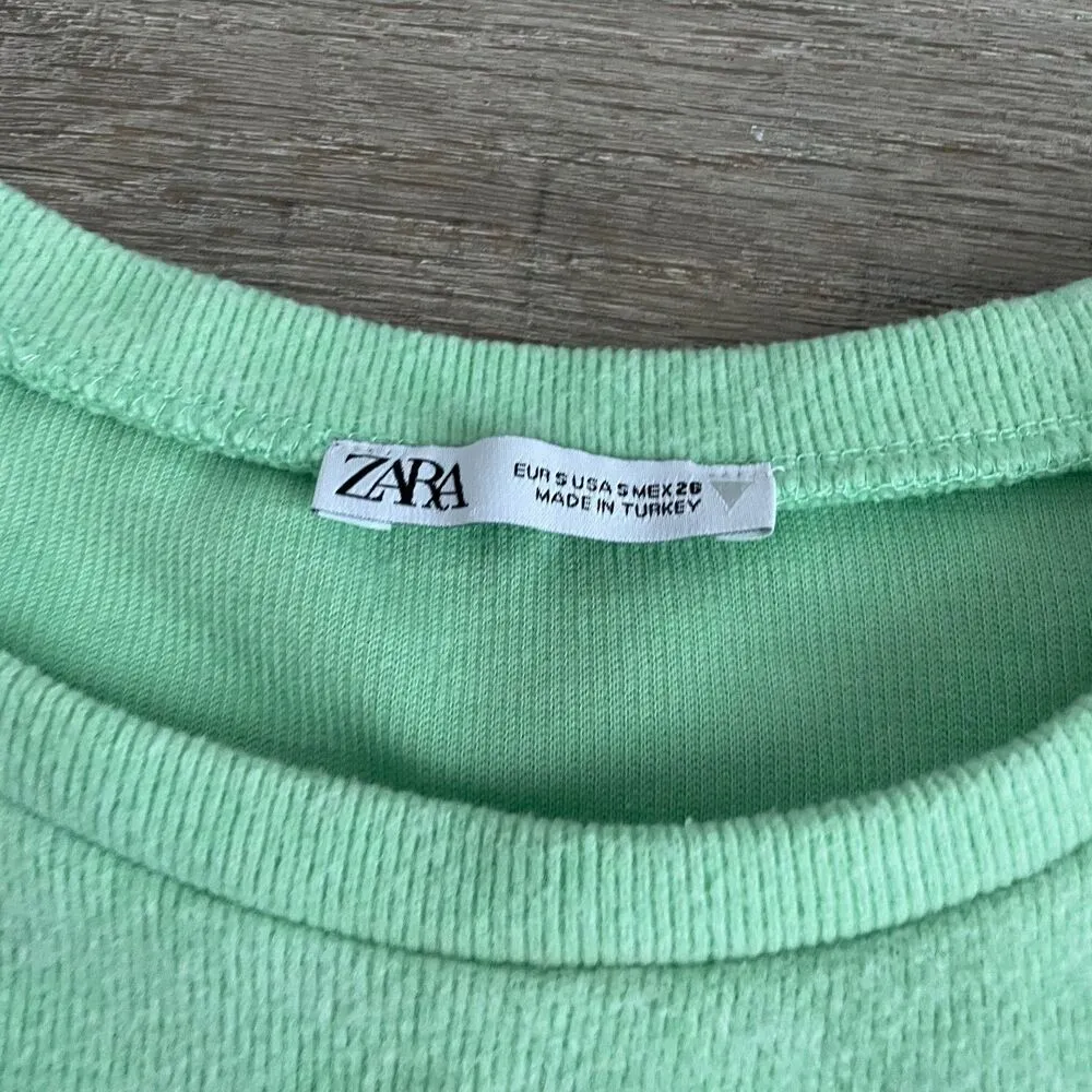 Zara Size S Light Green Ruffle Sleeve Sweater Top Cropped Crew Neck - Image 2