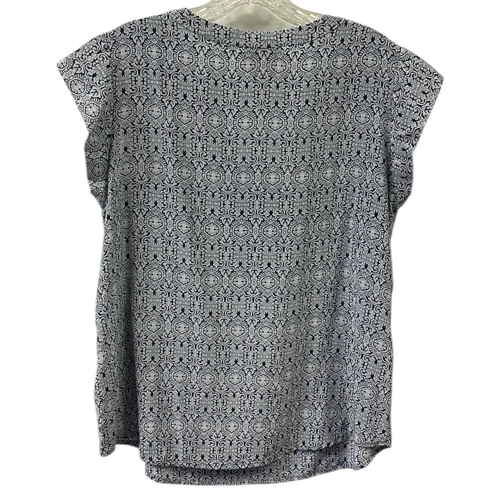 Silk Cynthia Rowley Split Neck Blue White Geo Print Pocket Short Slv Blouse L - Image 9