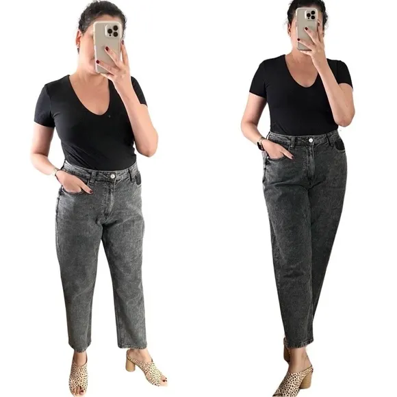 ZARA High Waist Relaxed Wide Leg Washed Black Denim Pants Sz 12 - Image 2