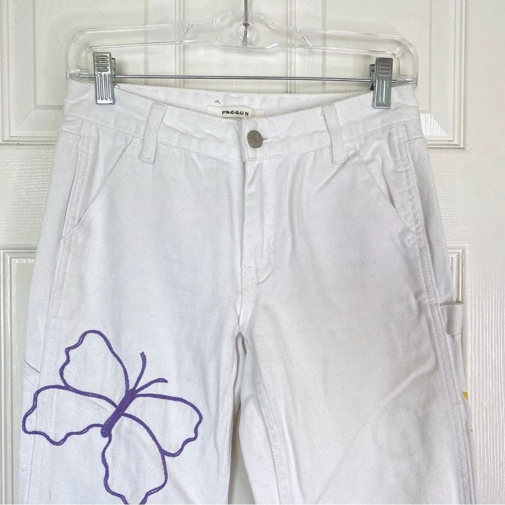 PACSUN Graphic Low Rise Carpenter Pants White Embroidered Size 24 - Image 5
