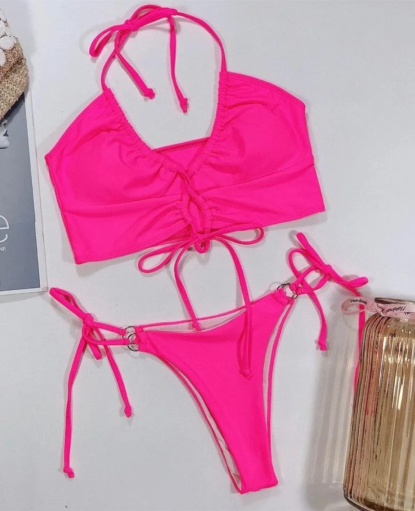 2457 hot pink tie front  bikini set - Image 4