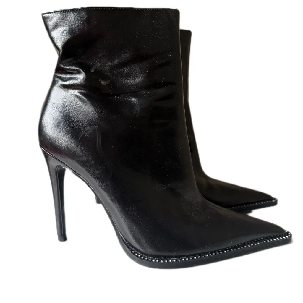 Zara Rhinestone Trim Elegant Black Pointed Toe Women's Ankle Boots - Image 2