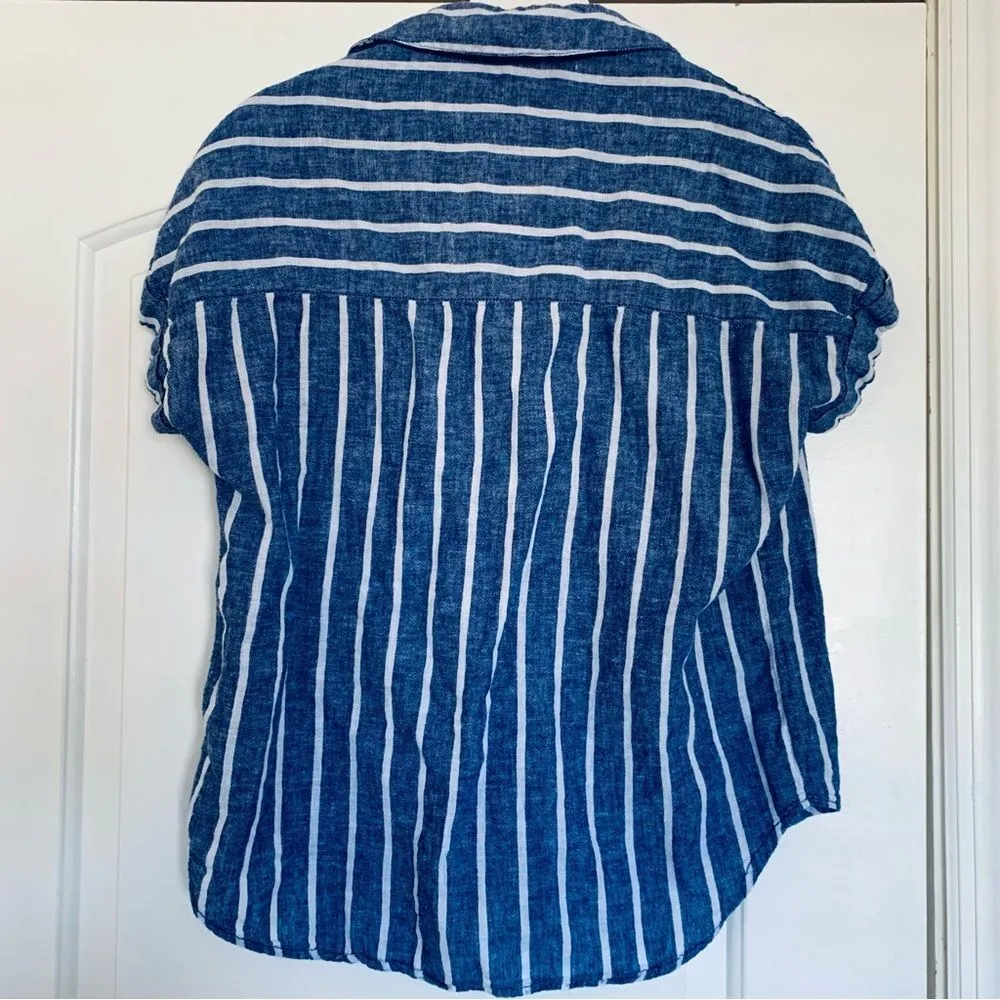 Anthropologie Beach Lunch Lounge Linen/Cotton Blend Blue & White Striped Blouse - Image 5