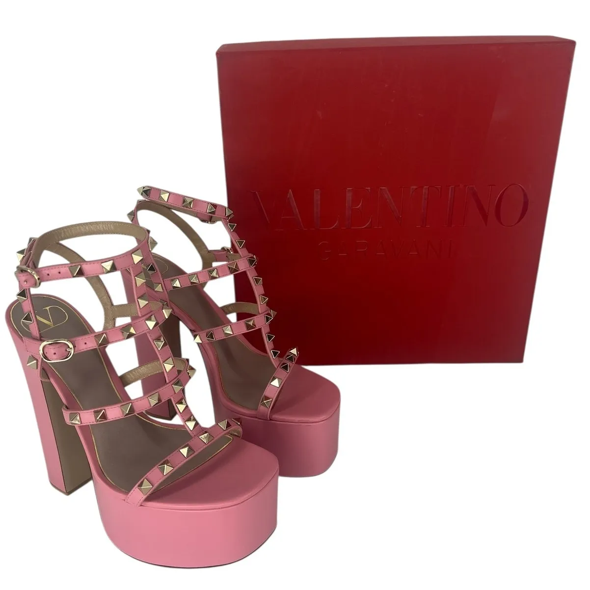 Valentino Garavani Studded Cage T Strap Platform Sandals Pink Size 38.5 - Image 4